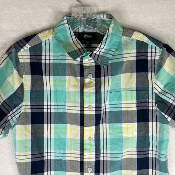 Urban Pipeline Button Down Shirt Boys Blue Yellow Plaid Short Sleeves XL - Picture 3 of 9